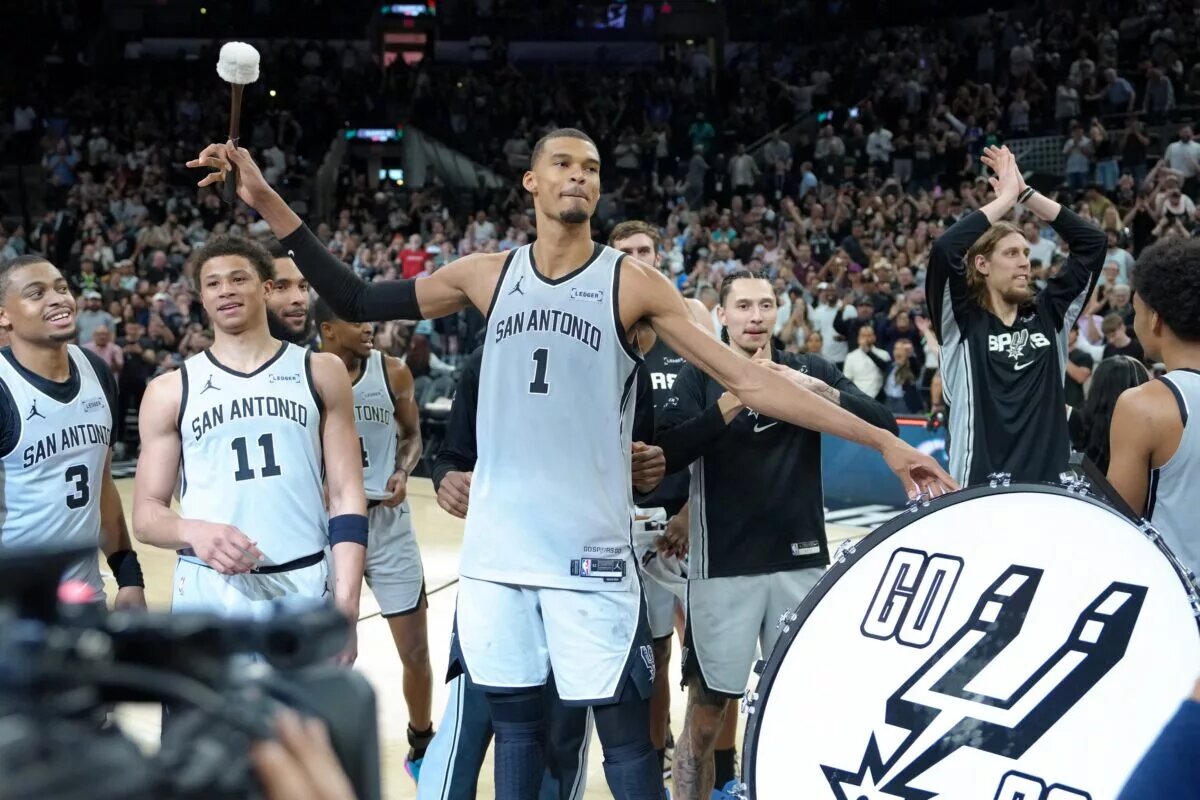 Mar 19, 2026; San Antonio, Texas, USA; San Antonio Spurs forward Victor Wembanyama (1) celebrates after the game against the Phoenix Suns at Frost Bank Center. Mandatory Credit: Daniel Dunn-Imagn Images
