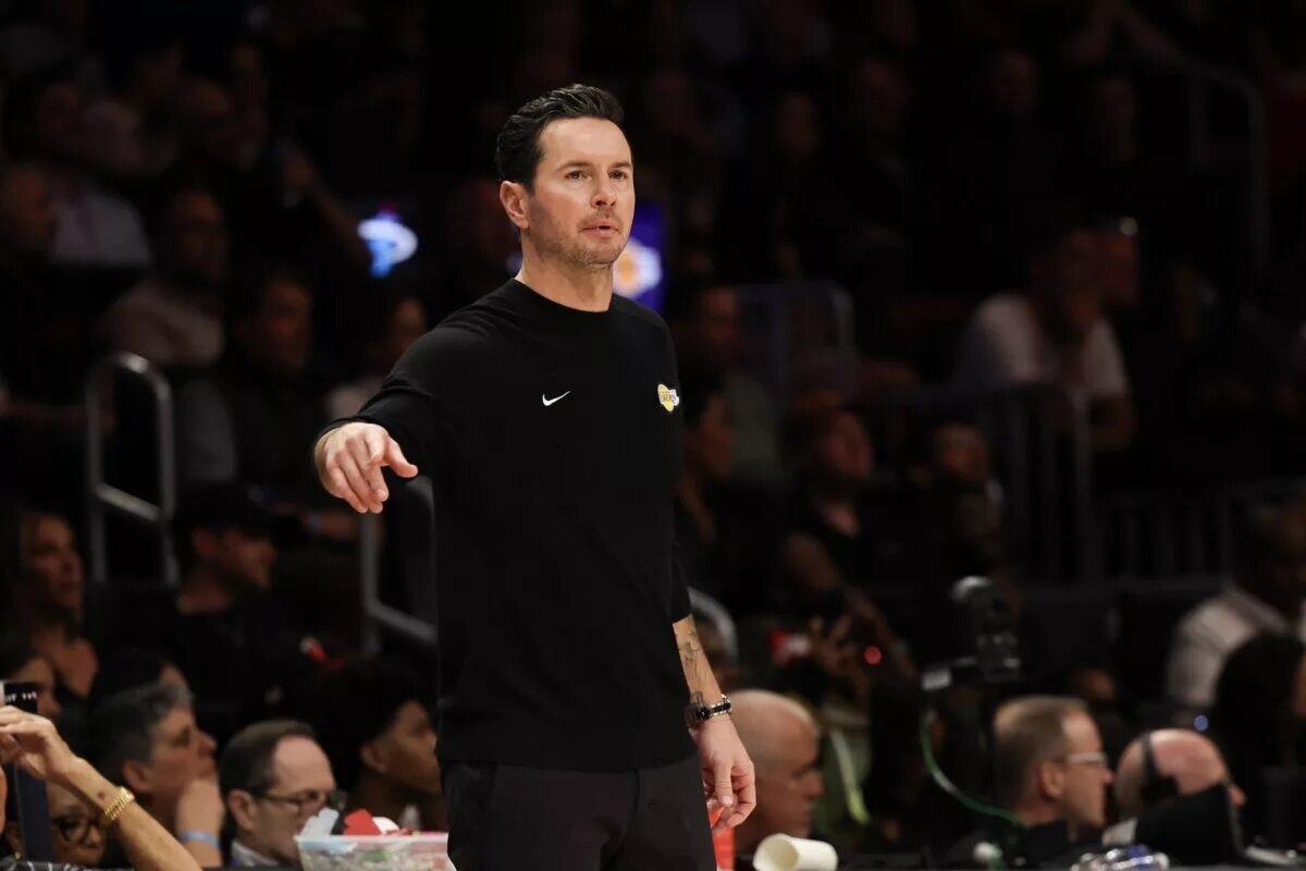 Mar 19, 2026; Miami, Florida, USA; Los Angeles Lakers head coach JJ Redick gestures during the second half against the Miami Heat at Kaseya Center. Mandatory Credit: Isabella Frias-Imagn Images