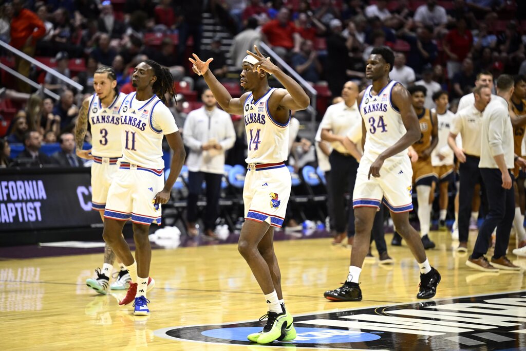 Kansas Jayhawks guard Melvin Council Jr. (14) reacts in the first half against the California Baptist Lancers during a first round game of the men's 2026 NCAA Tournament at Viejas Arena.
