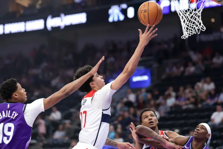 Mar 25, 2026; Salt Lake City, Utah, USA; Washington Wizards forward Will Riley (27) shoots the ball as Utah Jazz forward Ace Bailey (19) defends during the first quarter at Delta Center. Mandatory Credit: Chris Nicoll-Imagn Images