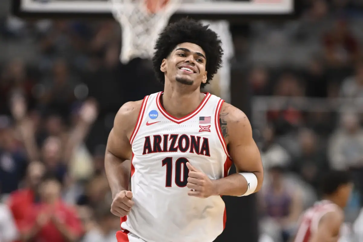 Mar 26, 2026; San Jose, CA, USA; Arizona Wildcats forward Koa Peat (10) reacts after a pay against the Arkansas Razorbacks in the second half during a Sweet Sixteen game of the West Regional of the men's 2026 NCAA Tournament at SAP Center. Mandatory Credit: Eakin Howard-Imagn Images