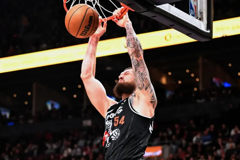 Mar 27, 2026; Toronto, Ontario, CAN; Toronto Raptors forward Sandro Mamukelashvili (54) dunks against the New Orleans Pelicans in the second half at Scotiabank Arena. Mandatory Credit: Dan Hamilton-Imagn Images