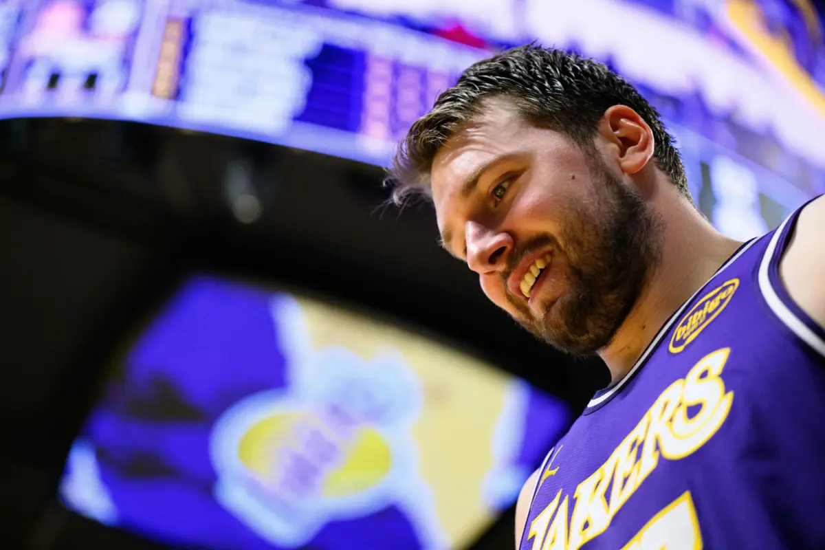 Mar 27, 2026; Los Angeles, California, USA; Los Angeles Lakers guard Luka Doncic (77) reacts after scoring during the second half against the Brooklyn Nets at Crypto.com Arena. Mandatory Credit: William Liang-Imagn Images