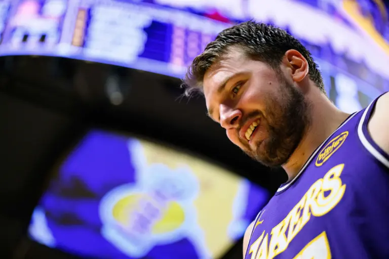 Mar 27, 2026; Los Angeles, California, USA; Los Angeles Lakers guard Luka Doncic (77) reacts after scoring during the second half against the Brooklyn Nets at Crypto.com Arena. Mandatory Credit: William Liang-Imagn Images