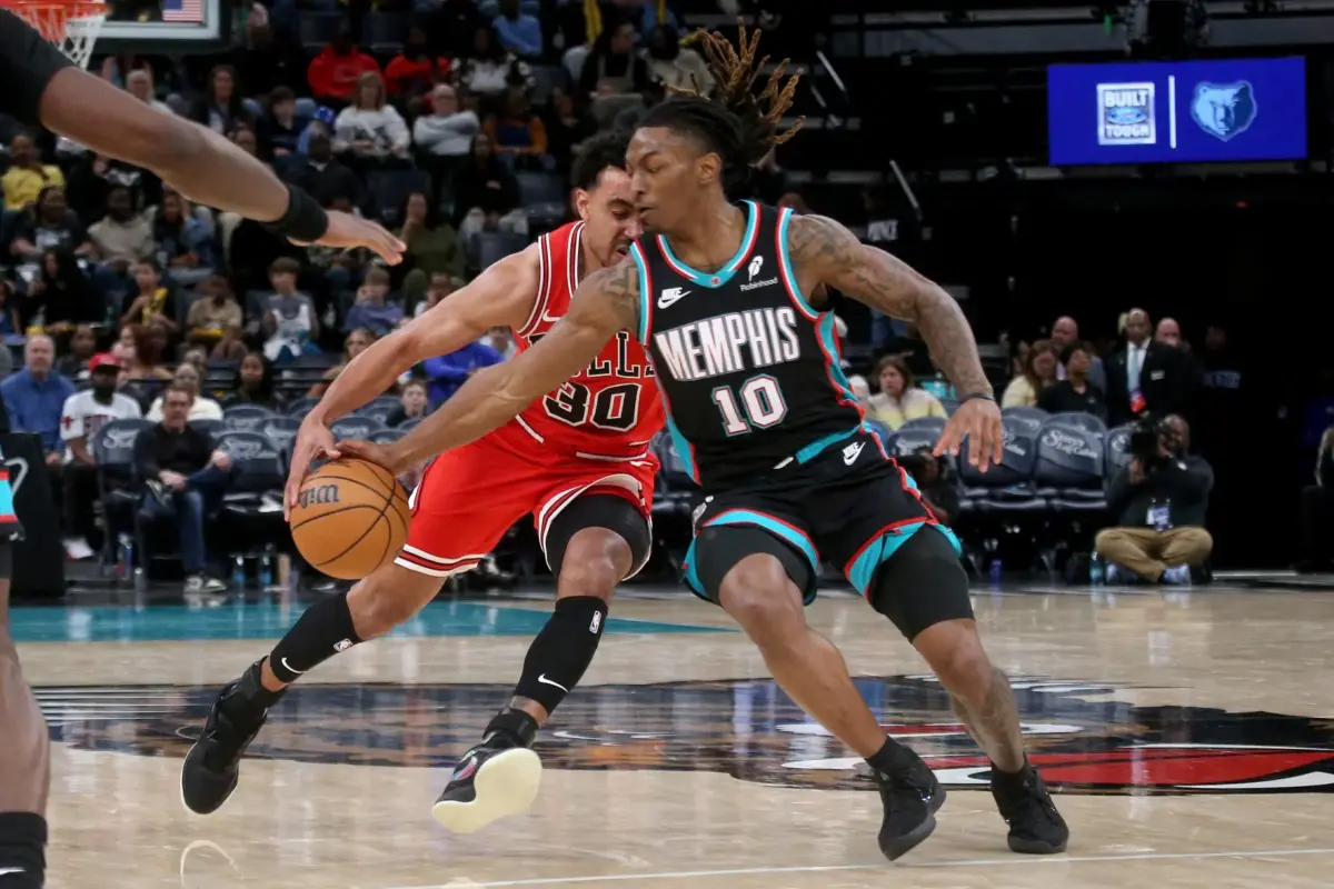 Memphis Grizzlies guard Javon Small (10) steals the ball from Chicago Bulls guard Tre Jones (30) during the third quarter at FedExForum.