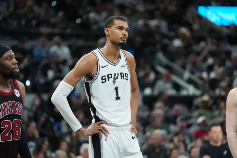 Mar 30, 2026; San Antonio, Texas, USA; San Antonio Spurs forward Victor Wembanyama (1) looks over in the second half against the Chicago Bulls at Frost Bank Center. Mandatory Credit: Daniel Dunn-Imagn Images