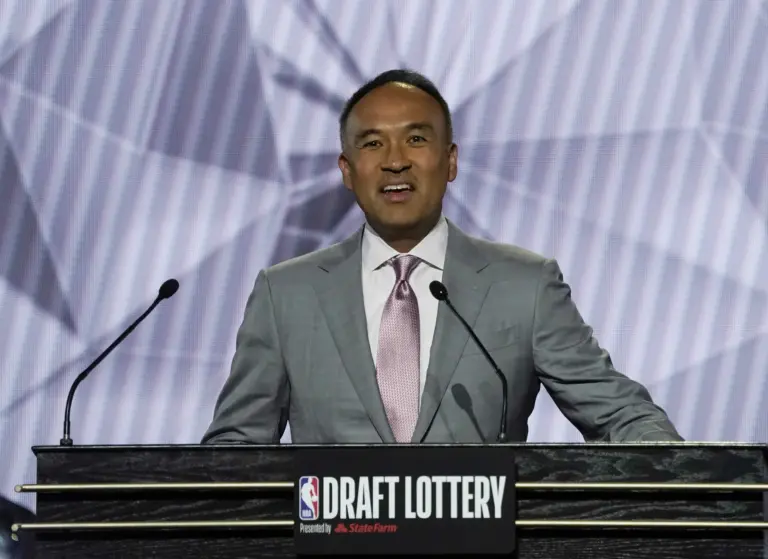 May 17, 2022; Chicago, IL, USA; NBA deputy commissioner Mark Tatum announces the results during the 2022 NBA Draft Lottery at McCormick Place. Mandatory Credit: David Banks-Imagn Images