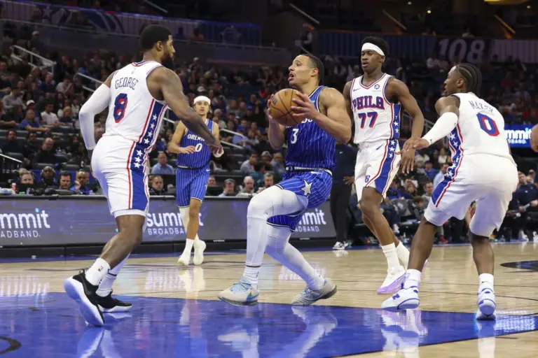 Jan 9, 2026; Orlando, Florida, USA; Orlando Magic guard Desmond Bane (3) controls the ball against the Philadelphia 76ers in the fourth quarter at Kia Center. Mandatory Credit: Nathan Ray Seebeck-Imagn Images