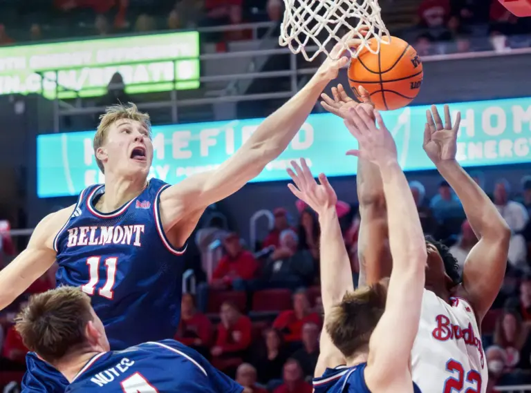 Belmont's Drew Scharnowski (11) blocks a shot by Bradley's Jaquan Johnson in the second half of their college basketball game Monday, Feb. 9, 2026 at Carver Arena in Peoria. Johnson was fouled before the block. The Braves defeated the Bruins 95-84. © MATT DAYHOFF/JOURNAL STAR / USA TODAY NETWORK via Imagn Images