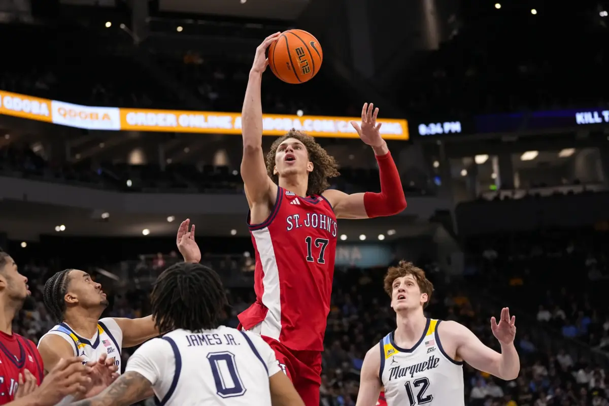 Feb 18, 2026; Milwaukee, Wisconsin, USA; St. John’s Red Storm forward Ruben Prey (17) shoots during the first half against the Marquette Golden Eagles at Fiserv Forum. Mandatory Credit: Jeff Hanisch-Imagn Images