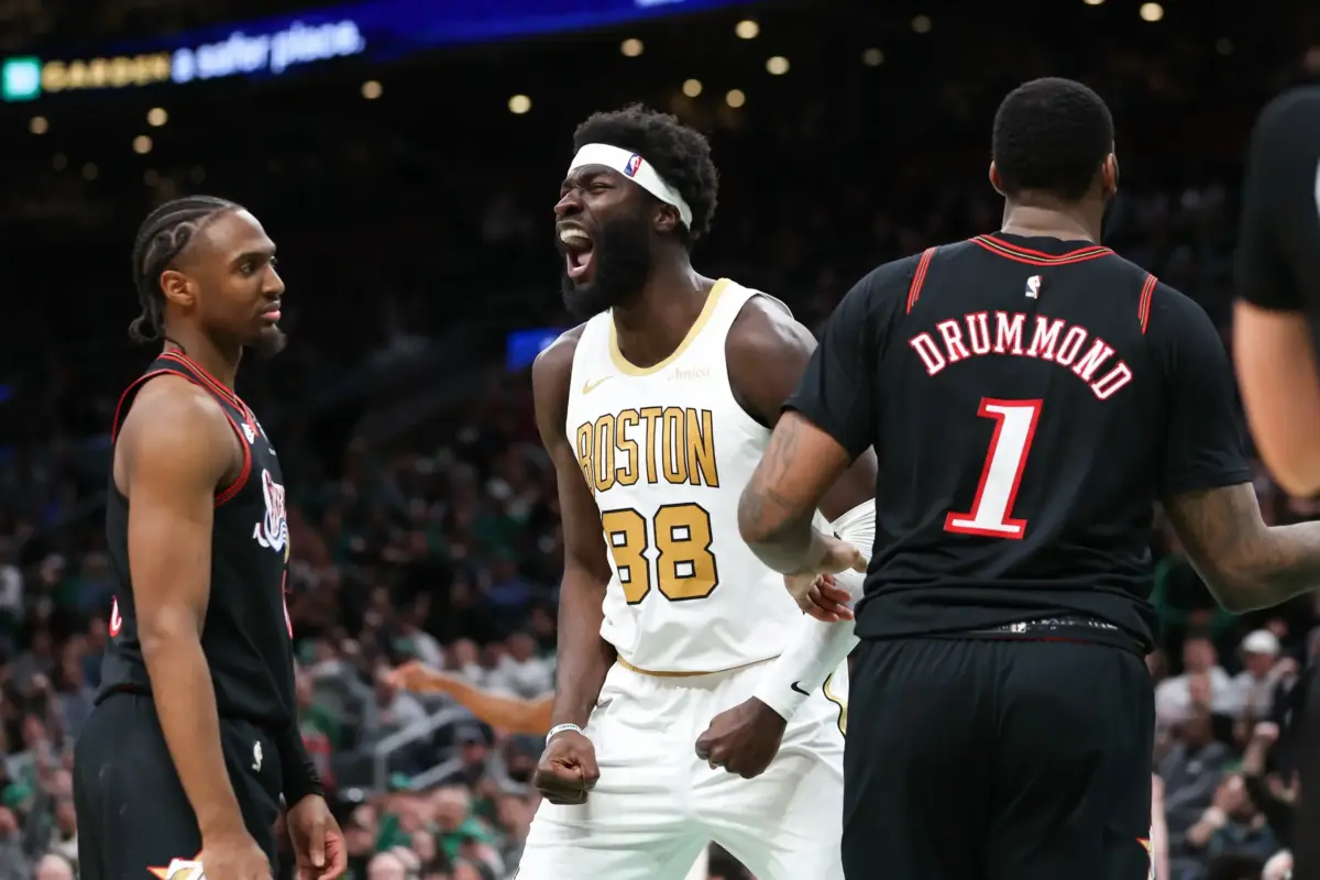 Mar 1, 2026; Boston, Massachusetts, USA; Boston Celtics center Neemias Queta (88) reacts during the second half against the Philadelphia 76ers at TD Garden. Mandatory Credit: Paul Rutherford-Imagn Images