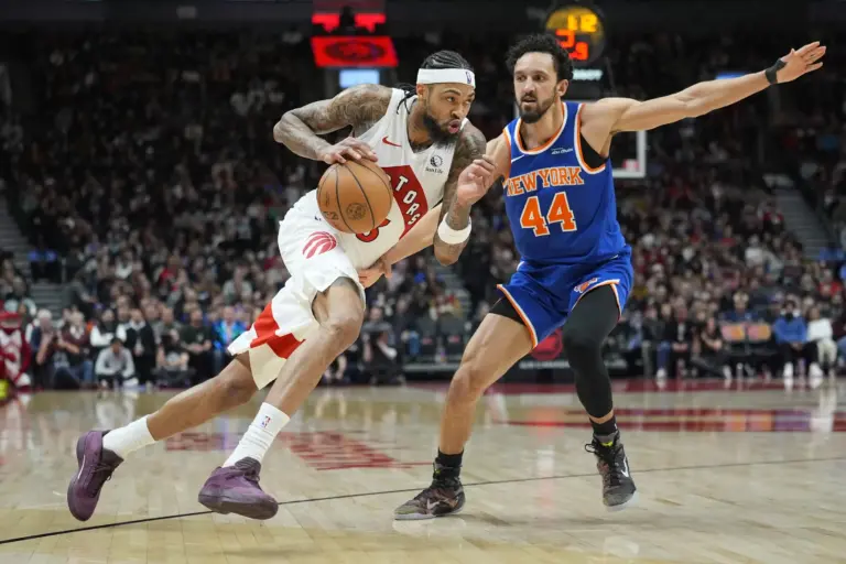 Mar 3, 2026; Toronto, Ontario, CAN; Toronto Raptors forward Brandon Ingram (3) drives to the basket against New York Knicks guard Landry Shamet (44) during the second half at Scotiabank Arena. Mandatory Credit: John E. Sokolowski-Imagn Images