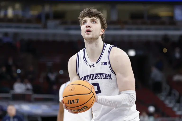 Mar 10, 2026; Chicago, IL, USA; Northwestern Wildcats forward Nick Martinelli (2) shoots a free throw against the Penn State Nittany Lions during the second half at United Center. Mandatory Credit: Kamil Krzaczynski-Imagn Images