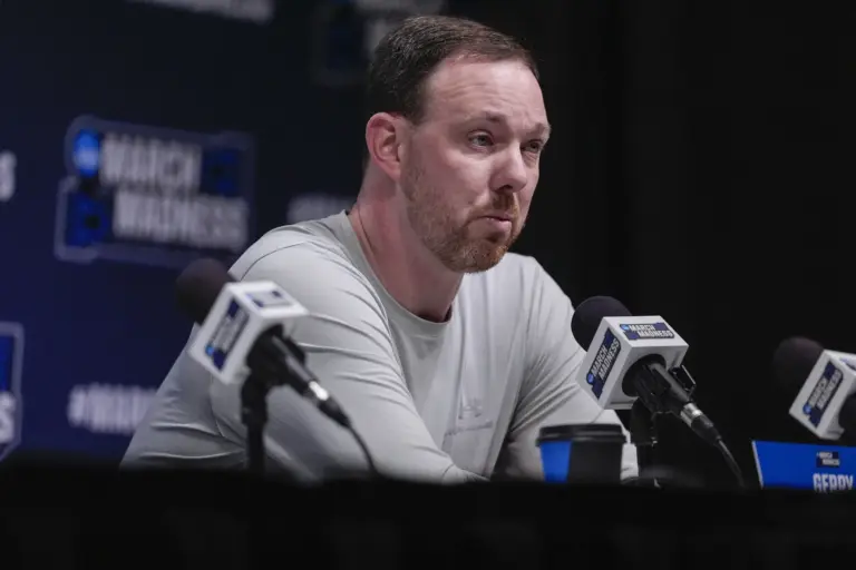 Mar 18, 2026; Greenville, SC, USA; Siena Saints head coach Gerry McNamara answers questions during a practice session ahead of the first round of the men's 2026 NCAA Tournament at Bon Secours Wellness Arena. Mandatory Credit: Jim Dedmon-Imagn Images