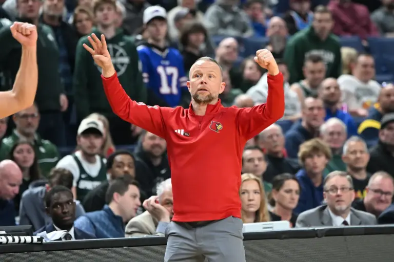 Mar 21, 2026; Buffalo, NY, USA; Louisville Cardinals head coach Pat Kelsey reacts in the second half against the Michigan State Spartans during a second round game of the men's 2026 NCAA Tournament at Keybank Center. Mandatory Credit: Mark Konezny-Imagn Images