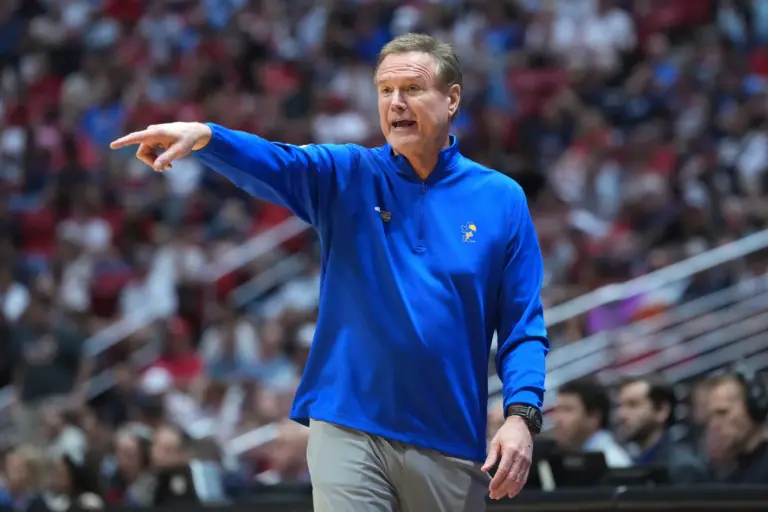 Kansas Jayhawks head coach Bill Self reacts in the first half against the St. John's Red Storm during a second round game of the men's 2026 NCAA Tournament at Viejas Arena.