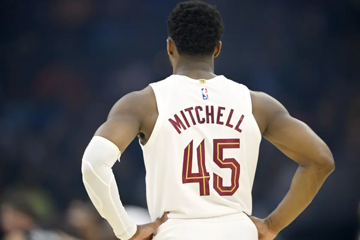 A back view of Cleveland Cavaliers guard Donovan Mitchell's jersey, displaying his last name and number (45)