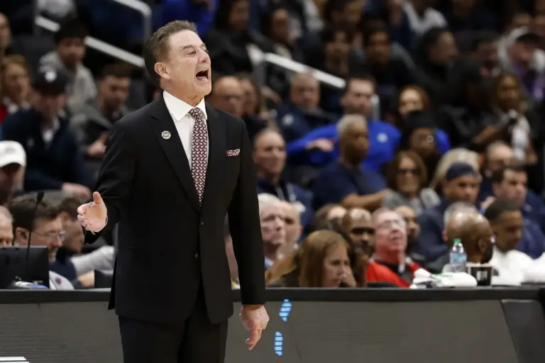 John's Red Storm head coach Rick Pitino reacts in the first half during a Sweet Sixteen game of the East Regional of the men's 2026 NCAA Tournament at Capital One Arena.