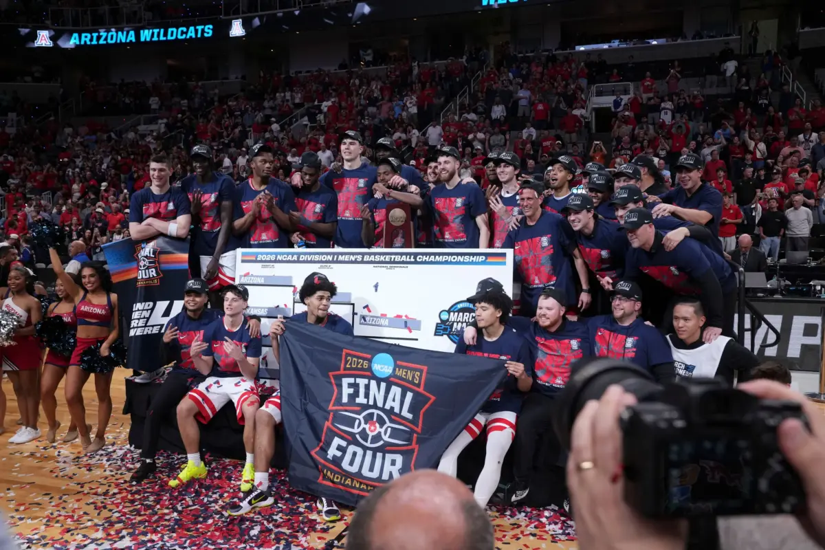 The Arizona Wildcats celebrate after defeating the Purdue Boilermakers in a NCAA Tournament game Saturday, March 28, 2026 at SAP Center in San Jose, Calif. Purdue fell to Arizona 79-64.