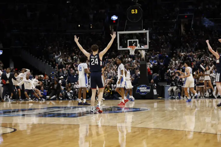 Mar 29, 2026; Washington, DC, USA; UConn Huskies guard Braylon Mullins (24) celebrates after making the game-winning three point field goal against the Duke Blue Devils in the final second of the game during an Elite Eight game of the East Regional of the men's 2026 NCAA Tournament at Capital One Arena. Mandatory Credit: Geoff Burke-Imagn Images