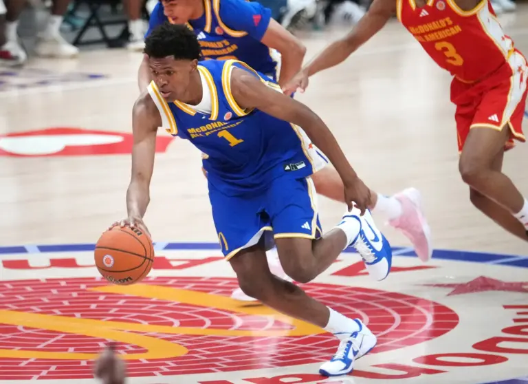 West forward Cameron Williams (1) breaks down court during the McDonald's All-American boys high school basketball game featuring all of the top seniors in the country at Desert Diamond Arena in Glendale, on March 31, 2026.