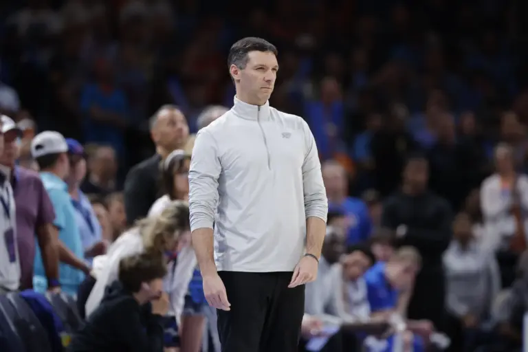 Mar 30, 2026; Oklahoma City, Oklahoma, USA; Oklahoma City Thunder head coach Mark Daigneault watches his team play against the Detroit Pistons during the second half at Paycom Center. Mandatory Credit: Alonzo Adams-Imagn Images
