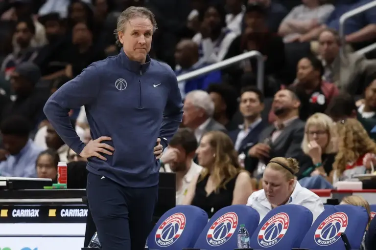 Apr 1, 2026; Washington, District of Columbia, USA; Washington Wizards head coach Brian Keefe looks on from the bench against the Philadelphia 76ers in the second half at Capital One Arena. Mandatory Credit: Geoff Burke-Imagn Images