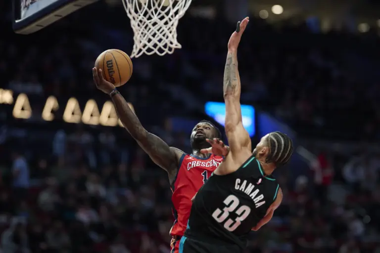 Apr 2, 2026; Portland, Oregon, USA; New Orleans Pelicans forward Zion Williamson (1) drives to the basket during the second half against Portland Trail Blazers forward Toumani Camara (33) at Moda Center. Mandatory Credit: Troy Wayrynen-Imagn Images