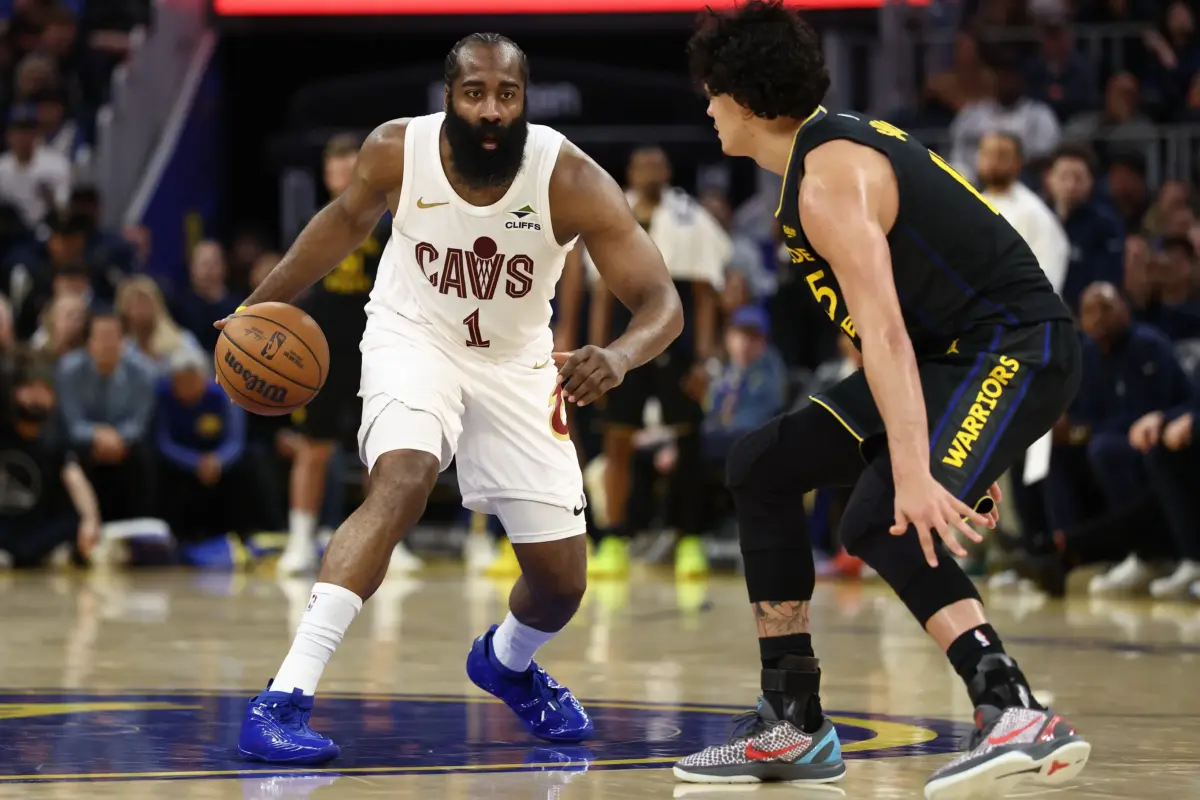 Apr 2, 2026; San Francisco, California, USA; Cleveland Cavaliers guard James Harden (1) controls the ball against Golden State Warriors forward Gui Santos (15) during the fourth quarter at Chase Center. Mandatory Credit: Kelley L Cox-Imagn Images