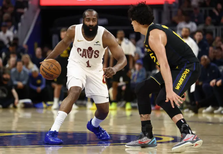 Apr 2, 2026; San Francisco, California, USA; Cleveland Cavaliers guard James Harden (1) controls the ball against Golden State Warriors forward Gui Santos (15) during the fourth quarter at Chase Center. Mandatory Credit: Kelley L Cox-Imagn Images