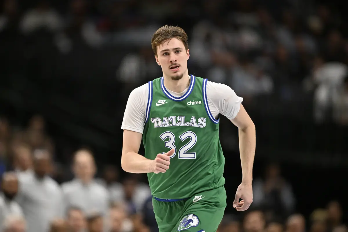 Apr 3, 2026; Dallas, Texas, USA; Dallas Mavericks forward Cooper Flagg (32) runs back up the court during the second half against the Orlando Magic at the American Airlines Center. Mandatory Credit: Jerome Miron-Imagn Images