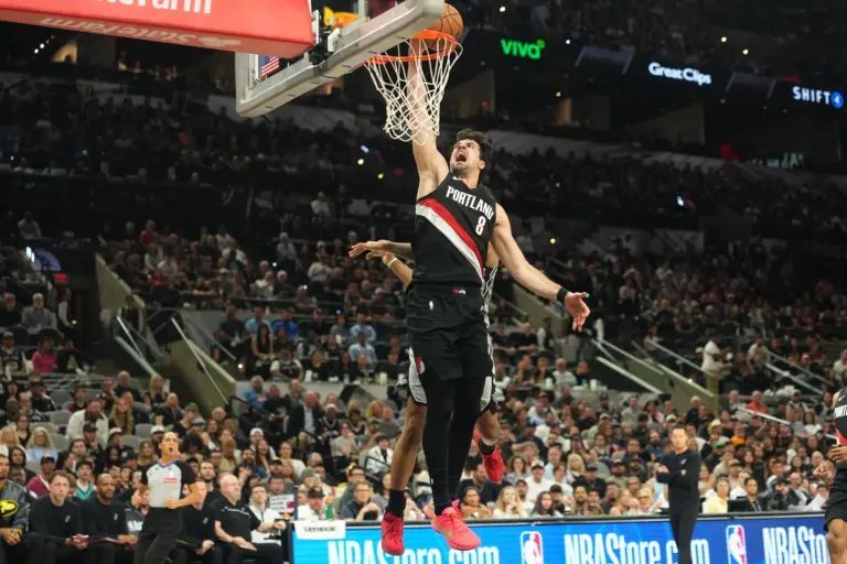 Apr 8, 2026; San Antonio, Texas, USA; Portland Trail Blazers forward Deni Avdija (8) goes up to dunk during the second half against the San Antonio Spurs at Frost Bank Center. Mandatory Credit: Scott Wachter-Imagn Images