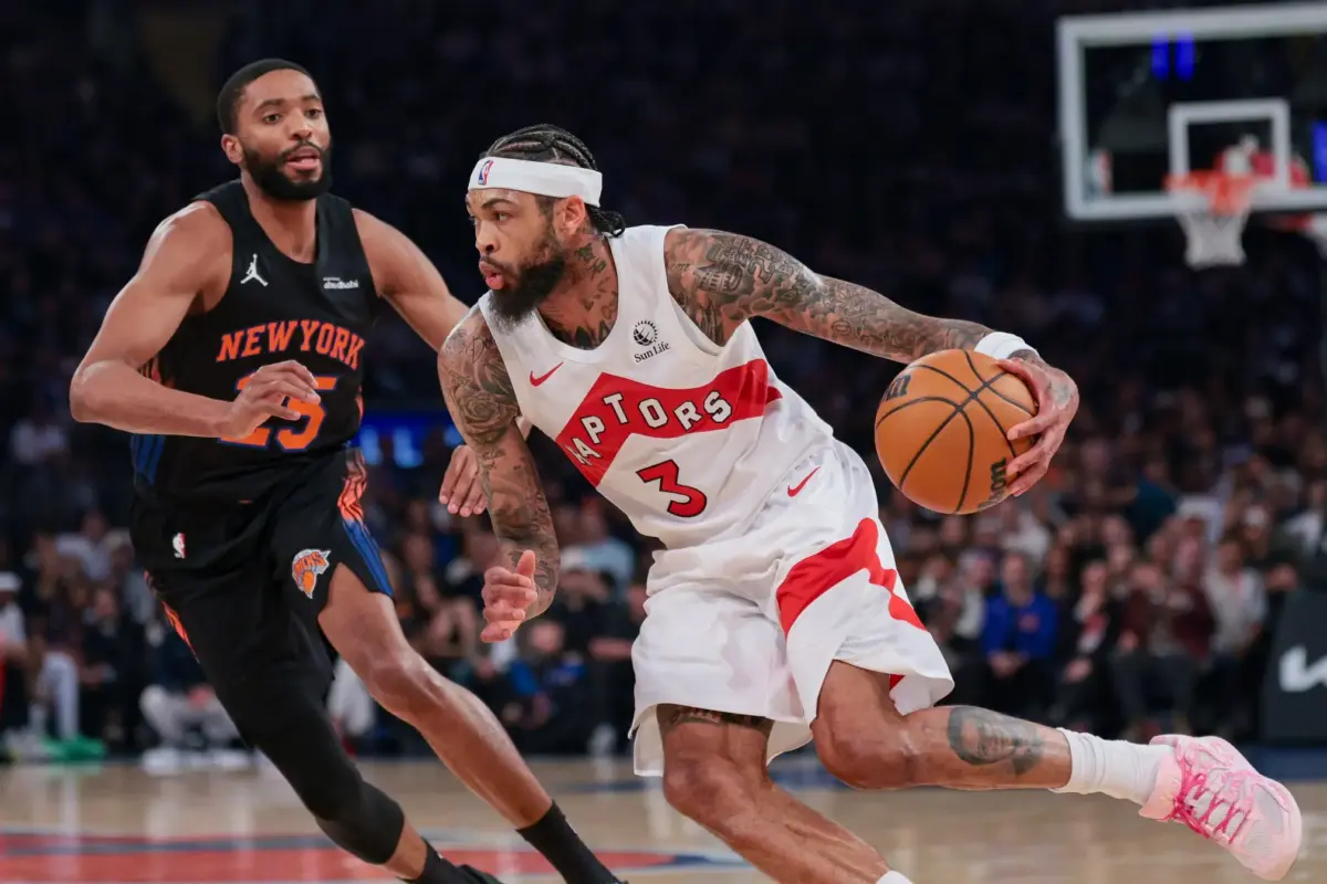 Apr 10, 2026; New York, New York, USA; Toronto Raptors forward Brandon Ingram (3) dribbles against New York Knicks guard Mikal Bridges (25) during the first quarter at Madison Square Garden. Mandatory Credit: Vincent Carchietta-Imagn Images