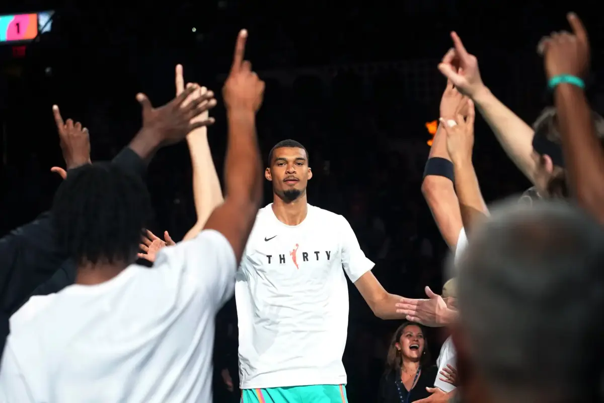 Apr 10, 2026; San Antonio, Texas, USA; San Antonio Spurs forward Victor Wembanyama (1) is introduced as a starter before a game against the Dallas Mavericks at Frost Bank Center. Mandatory Credit: Scott Wachter-Imagn Images