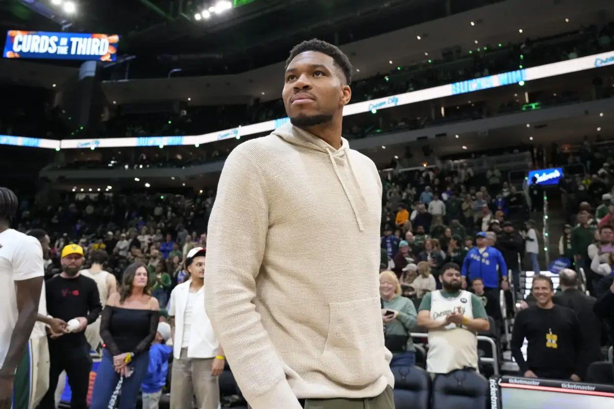 Apr 10, 2026; Milwaukee, Wisconsin, USA; Milwaukee Bucks forward Giannis Antetokounmpo (34) looks around following the game against the Brooklyn Nets at Fiserv Forum. Mandatory Credit: Jeff Hanisch-Imagn Images