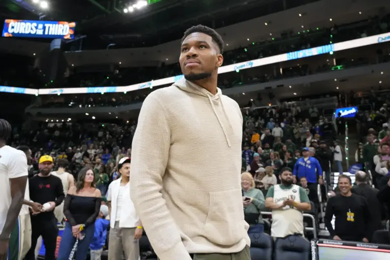 Apr 10, 2026; Milwaukee, Wisconsin, USA; Milwaukee Bucks forward Giannis Antetokounmpo (34) looks around following the game against the Brooklyn Nets at Fiserv Forum. Mandatory Credit: Jeff Hanisch-Imagn Images