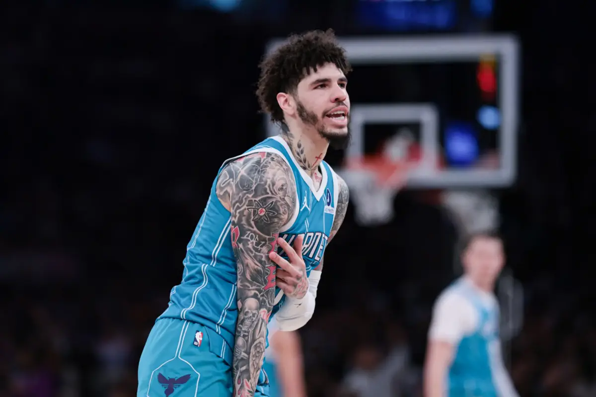 Charlotte Hornets guard LaMelo Ball (1) reacts after a basket against the New York Knicks during the first half at Madison Square Garden.
