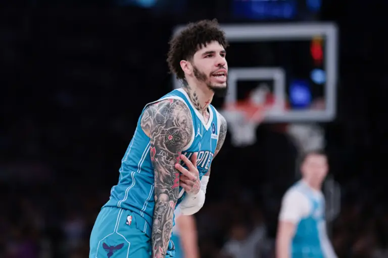 Charlotte Hornets guard LaMelo Ball (1) reacts after a basket against the New York Knicks during the first half at Madison Square Garden.