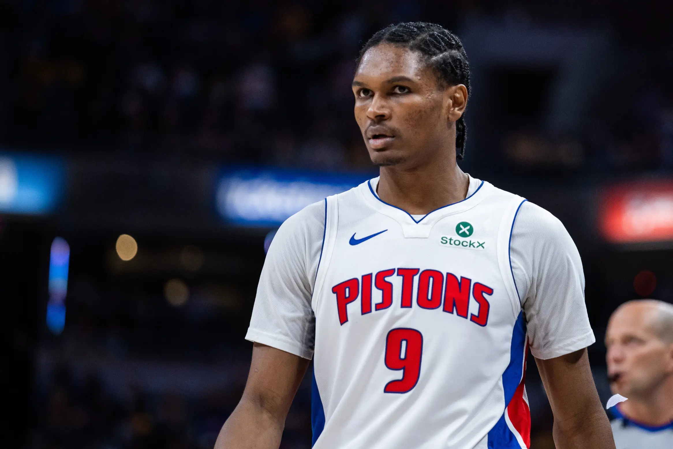 Apr 12, 2026; Indianapolis, Indiana, USA; Detroit Pistons guard Ausar Thompson (9) in the second half against the Indiana Pacers at Gainbridge Fieldhouse. Mandatory Credit: Trevor Ruszkowski-Imagn Images