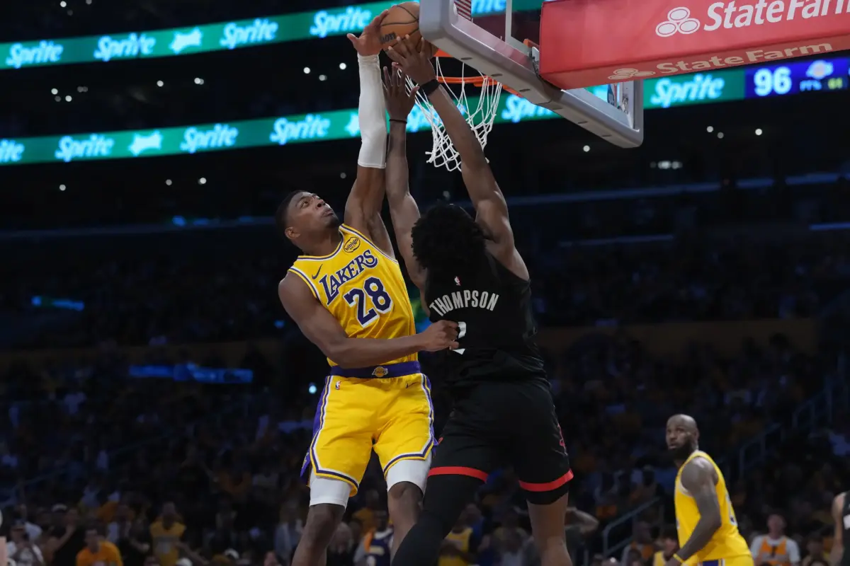 Apr 18, 2026; Los Angeles, California, USA; Los Angeles Lakers forward Rui Hachimura (28) blocks a shot by Houston Rockets guard Amen Thompson (1) in the second half during game one of the first round of the 2026 NBA Playoffs at Crypto.com Arena. Mandatory Credit: Kirby Lee-Imagn Images