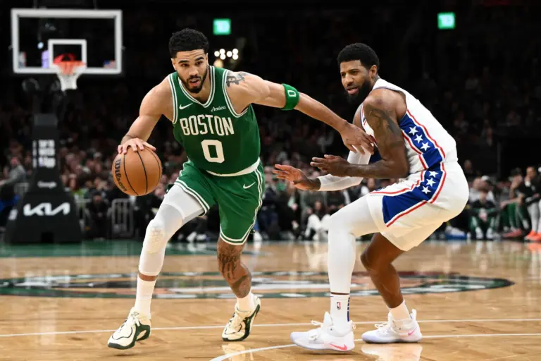 Apr 21, 2026; Boston, Massachusetts, USA; Boston Celtics forward Jayson Tatum (0) drives to the basket against the Philadelphia 76ers in the second half of a game two of the first round of the 2026 NBA Playoffs at TD Garden. Mandatory Credit: Brian Fluharty-Imagn Images