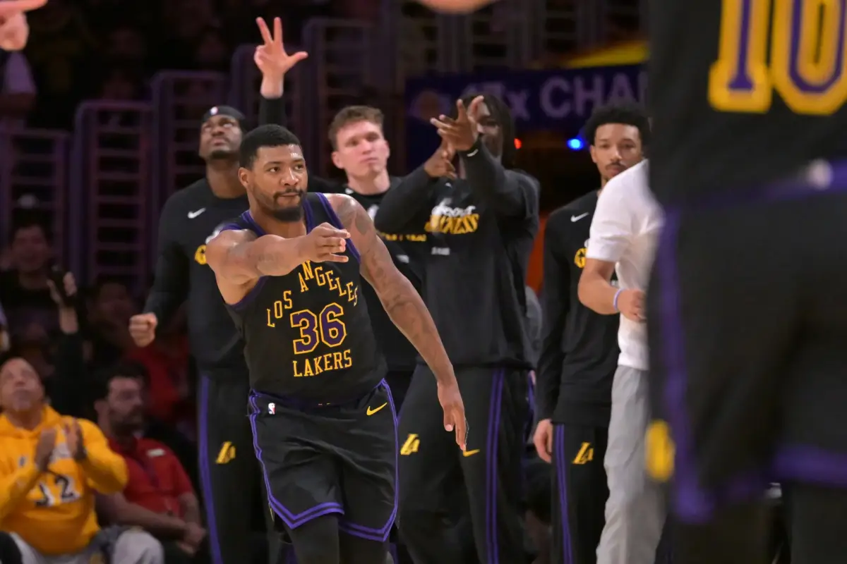 Apr 21, 2026; Los Angeles, California, USA; Los Angeles Lakers bench reacts after a three-point basket by guard Marcus Smart (36) during the second half of game two of the first round of the 2026 NBA Playoffs against the Houston Rockets at Crypto.com Arena. Mandatory Credit: Jayne Kamin-Oncea-Imagn Images