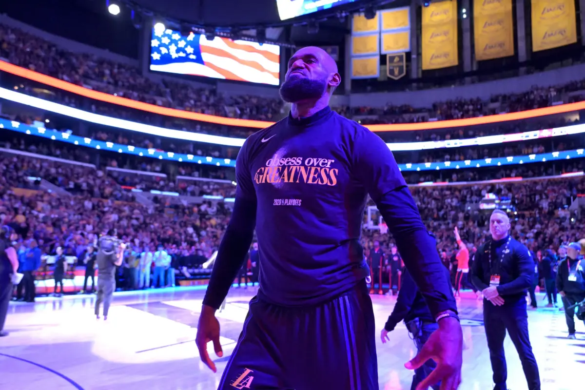 Apr 21, 2026; Los Angeles, California, USA; Los Angeles Lakers forward LeBron James (23) on the court during the National Anthem prior to game two of the first round of the 2026 NBA Playoffs against the Houston Rockets at Crypto.com Arena. Mandatory Credit: Jayne Kamin-Oncea-Imagn Images