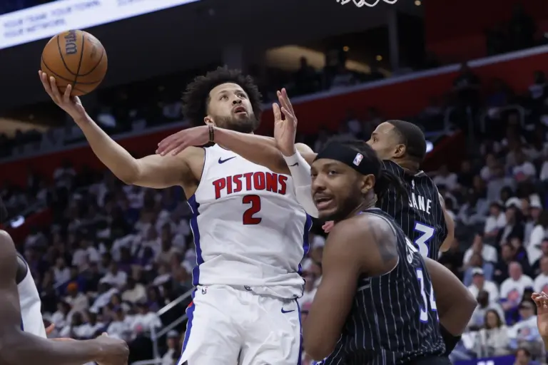 Apr 22, 2026; Detroit, Michigan, USA; Detroit Pistons guard Cade Cunningham (2) shoots in the second half against the Orlando Magic during game two of the first round of the 2026 NBA Playoffs at Little Caesars Arena. Mandatory Credit: Rick Osentoski-Imagn Images