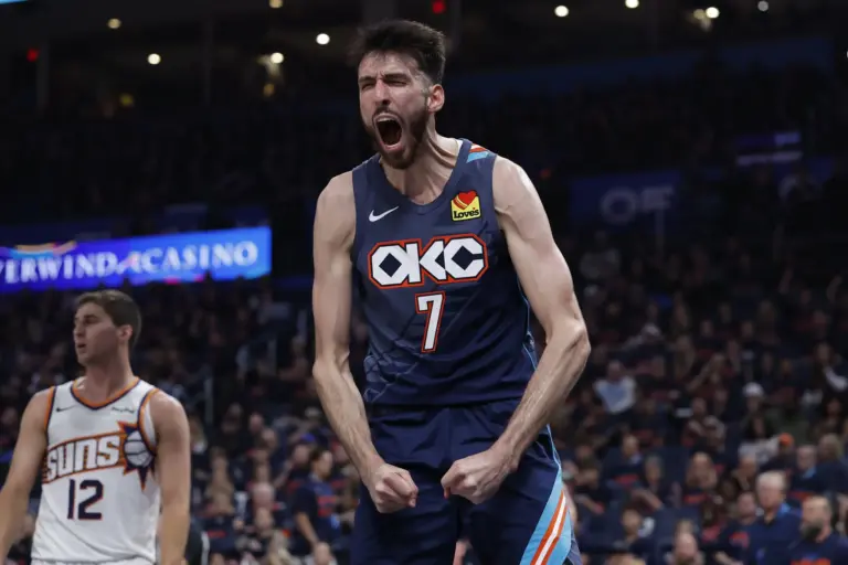 Oklahoma City Thunder center Chet Holmgren (7) screams after scoring against the Phoenix Suns in the second half during game two of the first round of the 2026 NBA Playoffs at Paycom Center.