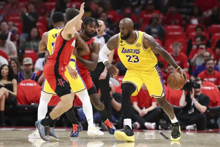 Apr 24, 2026; Houston, Texas, USA; Los Angeles Lakers forward LeBron James (23) dribbles the ball during the first quarter against the Houston Rockets during game three of the first round of the 2026 NBA Playoffs at Toyota Center. Mandatory Credit: Troy Taormina-Imagn Images