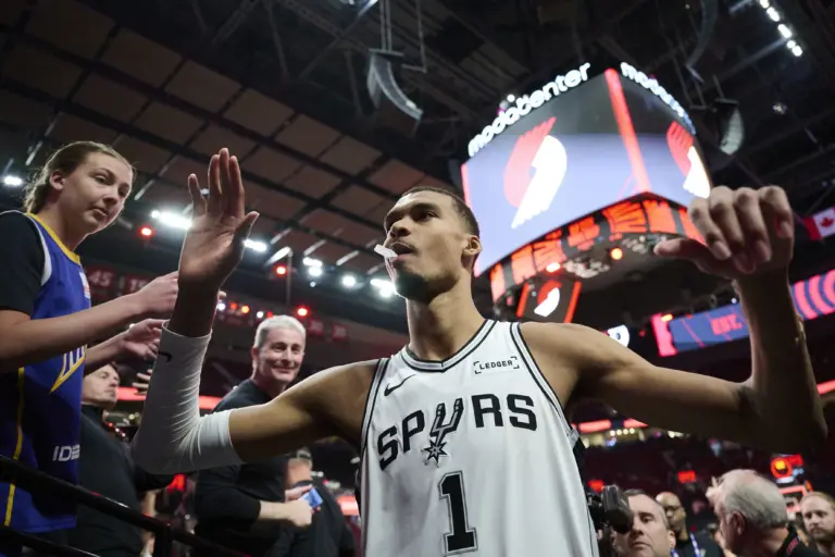 San Antonio Spurs forward Victor Wembanyama (1) walks off the court after a game against the Portland Trail Blazers during game four of the first round of the 2026 NBA Playoffs at Moda Center.
