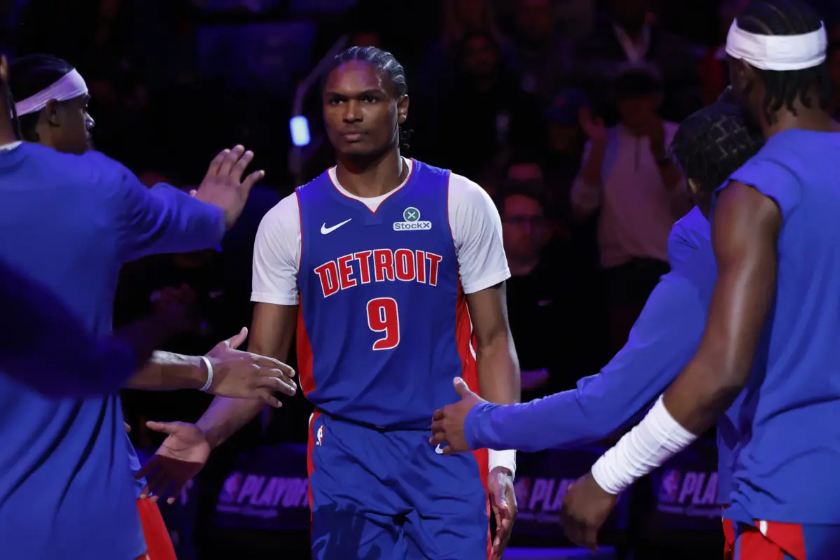 May 13, 2026; Detroit, Michigan, USA; Detroit Pistons guard Ausar Thompson (9) during player introductions before the game against the Cleveland Cavaliers during game five of the second round of the 2026 NBA Playoffs at Little Caesars Arena. Mandatory Credit: Rick Osentoski-Imagn Images Ausar Thomspn leads the Detroit Pistons small forward position