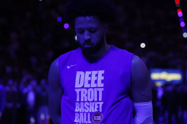 May 17, 2026; Detroit, Michigan, USA; Detroit Pistons guard Cade Cunningham (2) during the national anthem before game seven of the second round of the 2026 NBA Playoffs against the Cleveland Cavaliers at Little Caesars Arena. Mandatory Credit: Rick Osentoski-Imagn Images. Cunningham has the highest Pistons point guard grade of Detroit's point guard rotation.