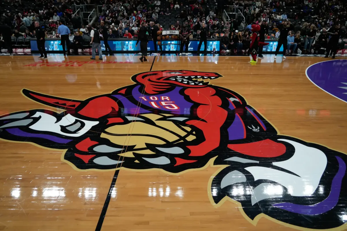 Dec 7, 2025; Toronto, Ontario, CAN; A view of the Toronto Raptors logo at center court for its city connect game against the Boston Celtics at Scotiabank Arena. Mandatory Credit: John E. Sokolowski-Imagn Images. Aleksa Avramovic can be an intriguing option for them.